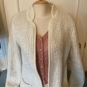 Vintage 80s Boucle Textured Cream Open Cardigan - Size Med / Lg - dressy, casual